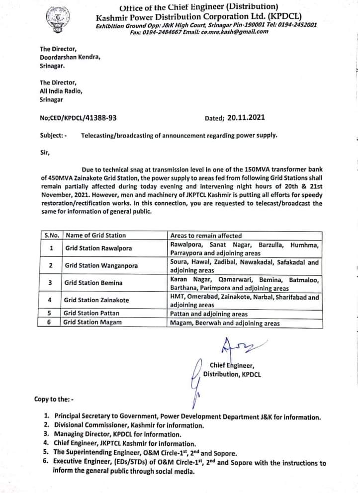 Due to technical snag at Zainakote Grid Station, power supply to remain affected in five grid stations in Sgr: KPDCL
